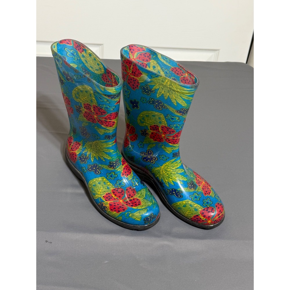 Sloggers Blue Floral Waterproof Rain Garden Boots Womens 9 Made in USA